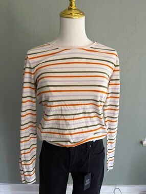 Duluth Trading Co Striped Long Sleeve Tee in White, Orange, Green size small